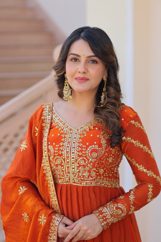 Orange Elegant Fendy Fabric Embroidered Gown with Dupatta Set ClothsVilla