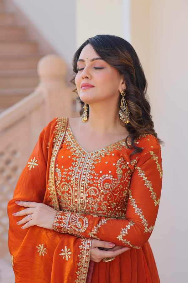 Orange Elegant Fendy Fabric Embroidered Gown with Dupatta Set ClothsVilla