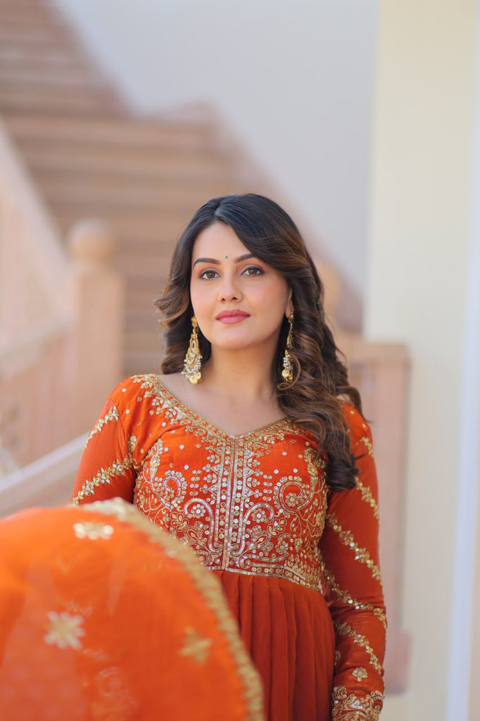 Orange Elegant Fendy Fabric Embroidered Gown with Dupatta Set ClothsVilla