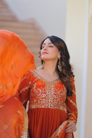 Orange Elegant Fendy Fabric Embroidered Gown with Dupatta Set ClothsVilla