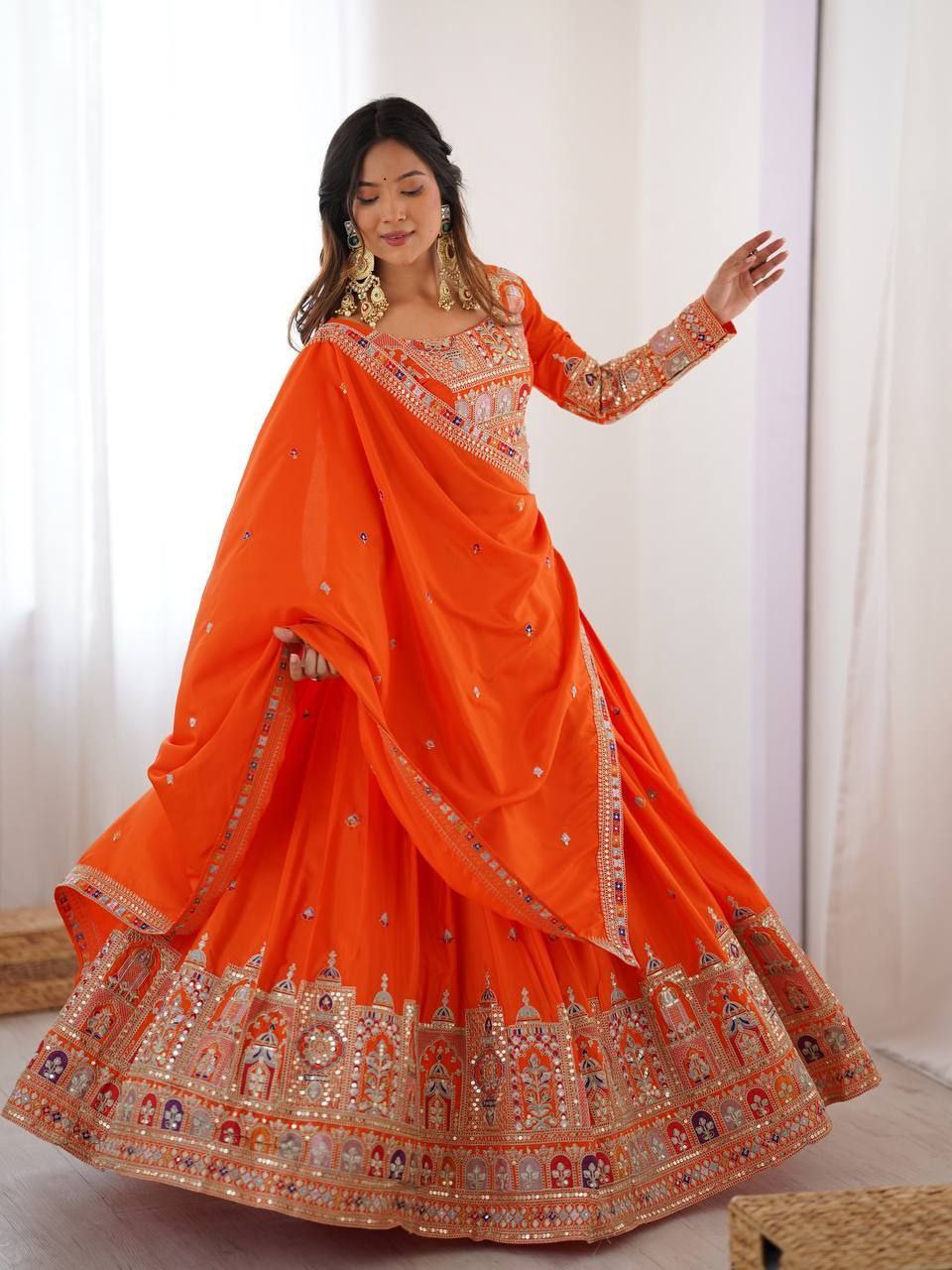 Orange Elegant French Crepe Multi-Thread & Sequin Embroidered Semi-Stitched Lehenga Choli with Matching Orange Dupatta Secondary image