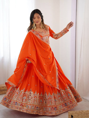 Orange Elegant French Crepe Multi-Thread & Sequin Embroidered Semi-Stitched Lehenga Choli with Matching Orange Dupatta ClothsVilla
