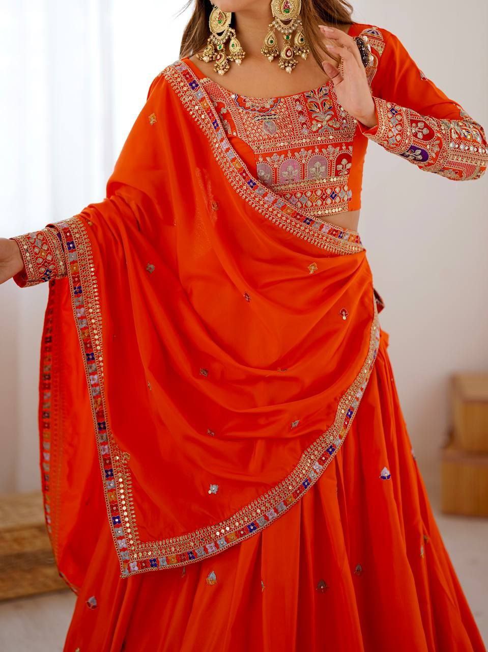 Orange Elegant French Crepe Multi-Thread & Sequin Embroidered Semi-Stitched Lehenga Choli with Matching Orange Dupatta ClothsVilla