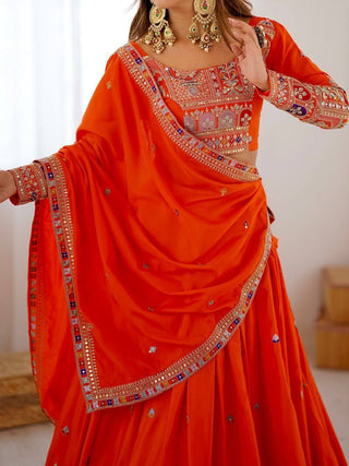 Orange Elegant French Crepe Multi-Thread & Sequin Embroidered Semi-Stitched Lehenga Choli with Matching Orange Dupatta ClothsVilla