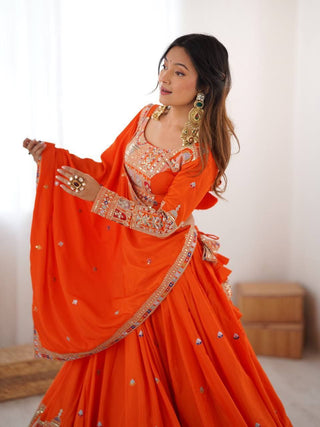 Orange Elegant French Crepe Multi-Thread & Sequin Embroidered Semi-Stitched Lehenga Choli with Matching Orange Dupatta ClothsVilla