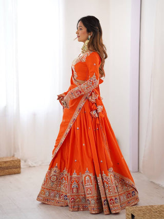 Orange Elegant French Crepe Multi-Thread & Sequin Embroidered Semi-Stitched Lehenga Choli with Matching Orange Dupatta ClothsVilla