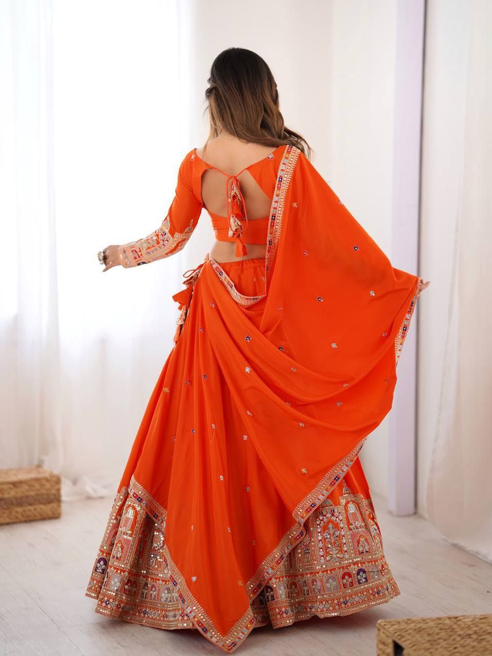 Orange Elegant French Crepe Multi-Thread & Sequin Embroidered Semi-Stitched Lehenga Choli with Matching Orange Dupatta ClothsVilla