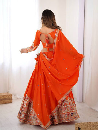 Orange Elegant French Crepe Multi-Thread & Sequin Embroidered Semi-Stitched Lehenga Choli with Matching Orange Dupatta ClothsVilla