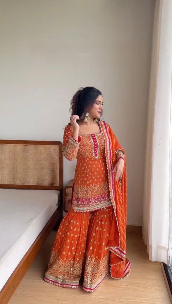 Orange Elegant Georgette Sharara Set