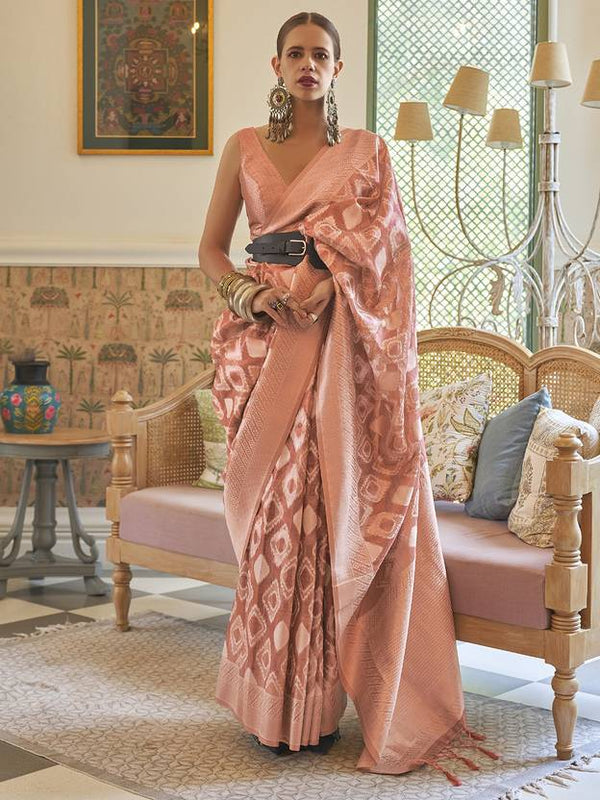 Orange Elegant Handloom Organza Woven Bollywood Saree with Unstitched Blouse Piece ClothsVilla