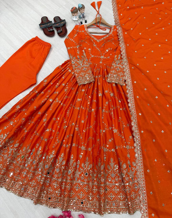 Orange Elegant Heavy Chinon Silk Anarkali Gown Set with Embroidery & Sequin Work – Fully Stitched with Dupatta & Bottoms ClothsVilla