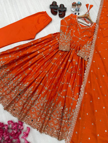Orange Elegant Heavy Chinon Silk Anarkali Gown Set with Embroidery & Sequin Work – Fully Stitched with Dupatta & Bottoms ClothsVilla