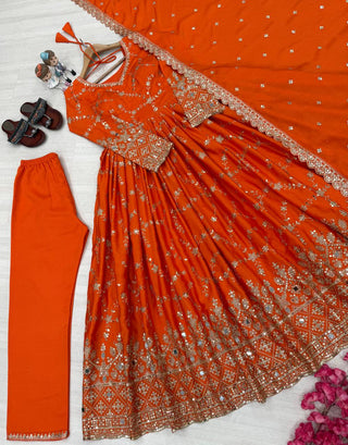 Orange Elegant Heavy Chinon Silk Anarkali Gown Set with Embroidery & Sequin Work – Fully Stitched with Dupatta & Bottoms ClothsVilla