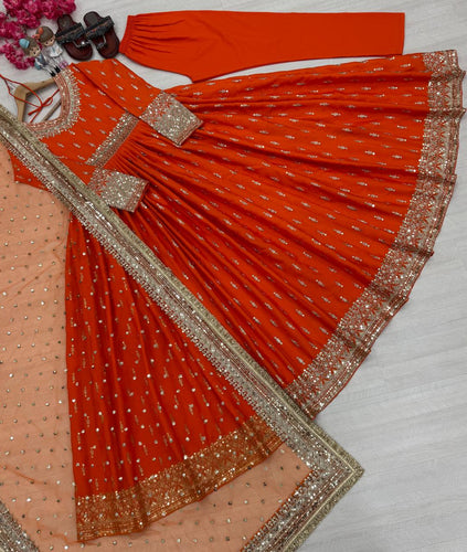 Orange Elegant Heavy Chinon Silk Embroidered Gown Set with Tassel Sleeves, Bottom & Butterfly Net Dupatta ClothsVilla