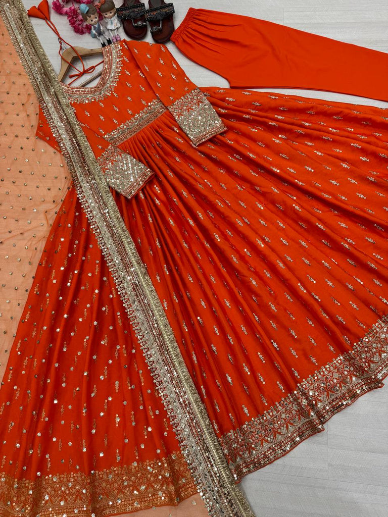 Orange Elegant Heavy Chinon Silk Embroidered Gown Set with Tassel Sleeves, Bottom & Butterfly Net Dupatta ClothsVilla