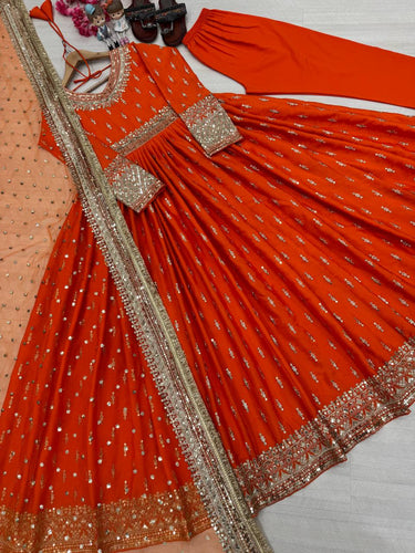 Orange Elegant Heavy Chinon Silk Embroidered Gown Set with Tassel Sleeves, Bottom & Butterfly Net Dupatta ClothsVilla