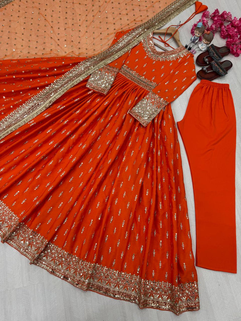 Orange Elegant Heavy Chinon Silk Embroidered Gown Set with Tassel Sleeves, Bottom & Butterfly Net Dupatta ClothsVilla