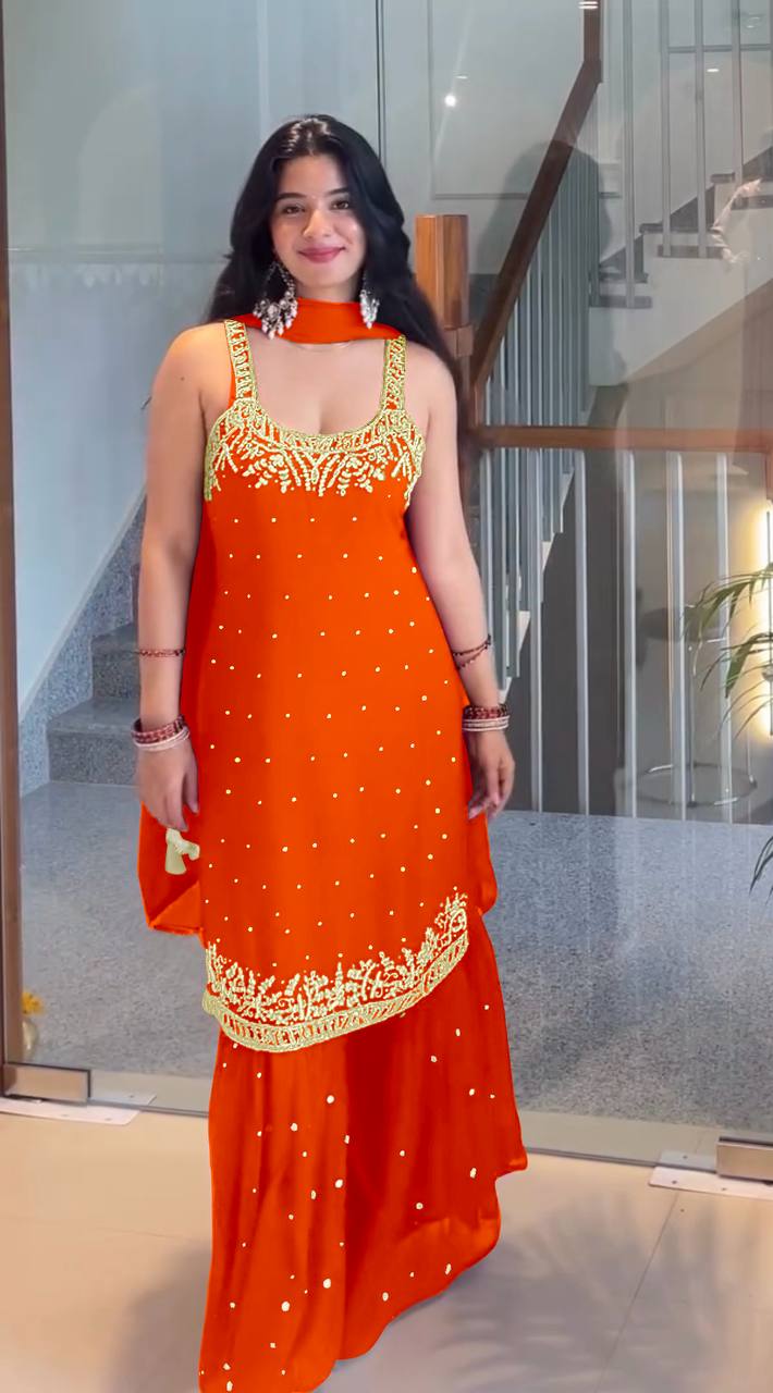 Orange Elegant Heavy Faux Georgette Handworked Sharara Set with Dupatta – Beads, Mirror & Sequin Embroidery ClothsVilla Main image