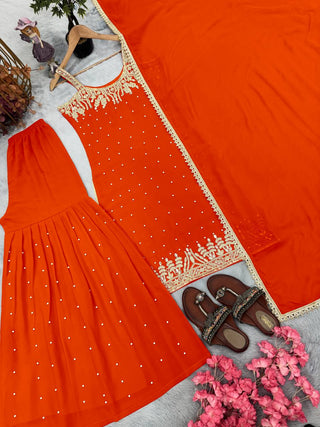 Orange Elegant Heavy Faux Georgette Handworked Sharara Set with Dupatta – Beads, Mirror & Sequin Embroidery ClothsVilla