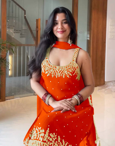 Orange Elegant Heavy Faux Georgette Handworked Sharara Set with Dupatta – Beads, Mirror & Sequin Embroidery ClothsVilla