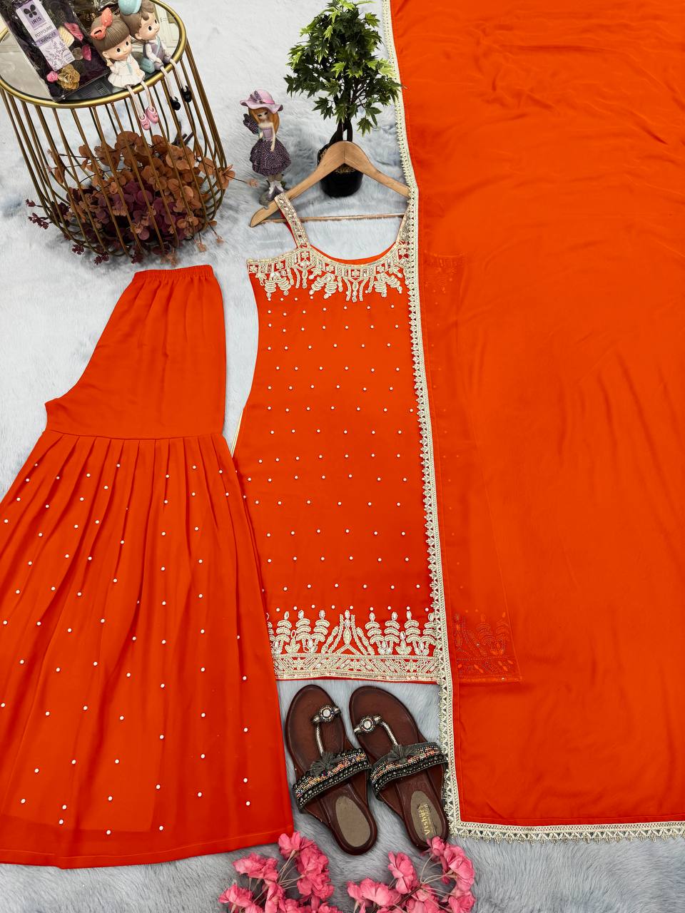 Orange Elegant Heavy Faux Georgette Handworked Sharara Set with Dupatta – Beads, Mirror & Sequin Embroidery ClothsVilla