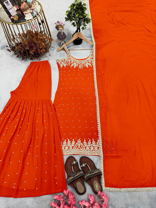 Orange Elegant Heavy Faux Georgette Handworked Sharara Set with Dupatta – Beads, Mirror & Sequin Embroidery ClothsVilla