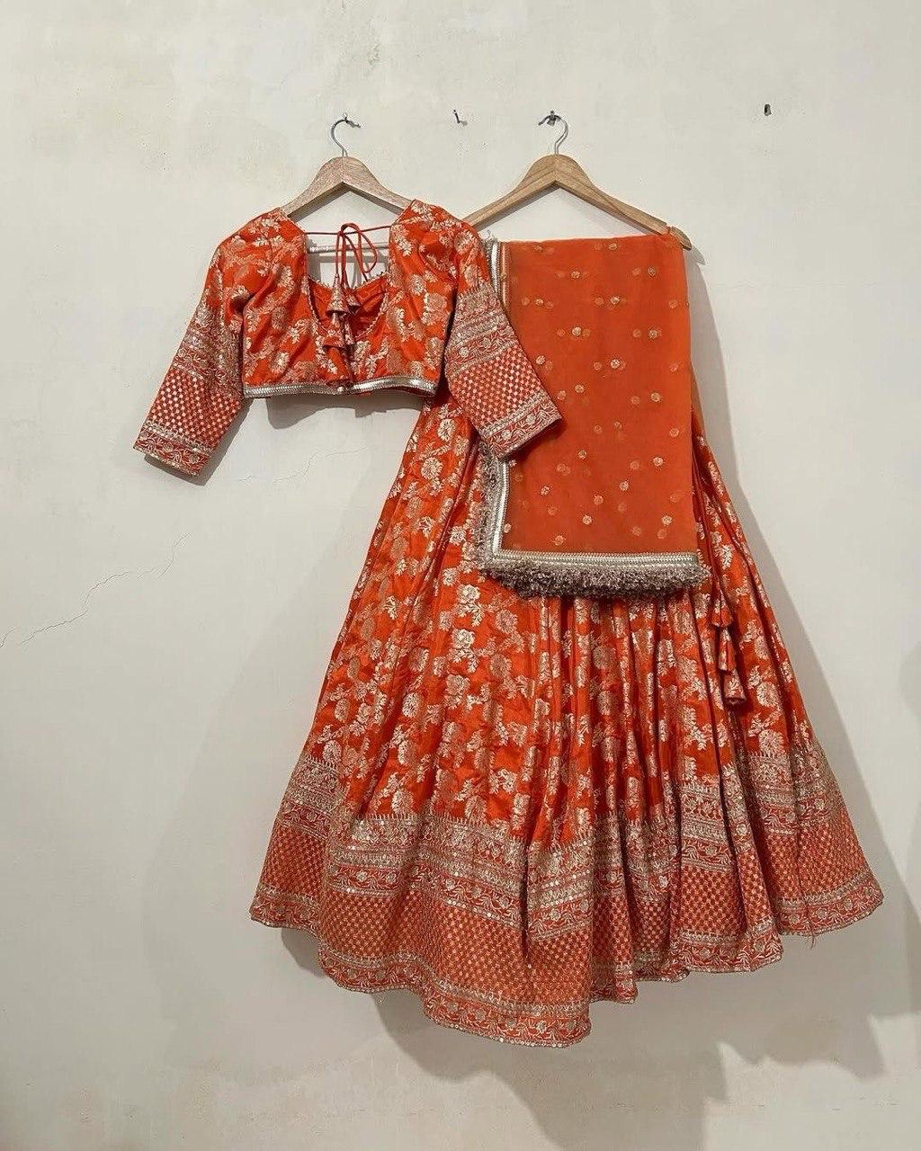 Orange Elegant Jequard Thread & Sequin Work Lehenga Set with Dupatta ClothsVilla