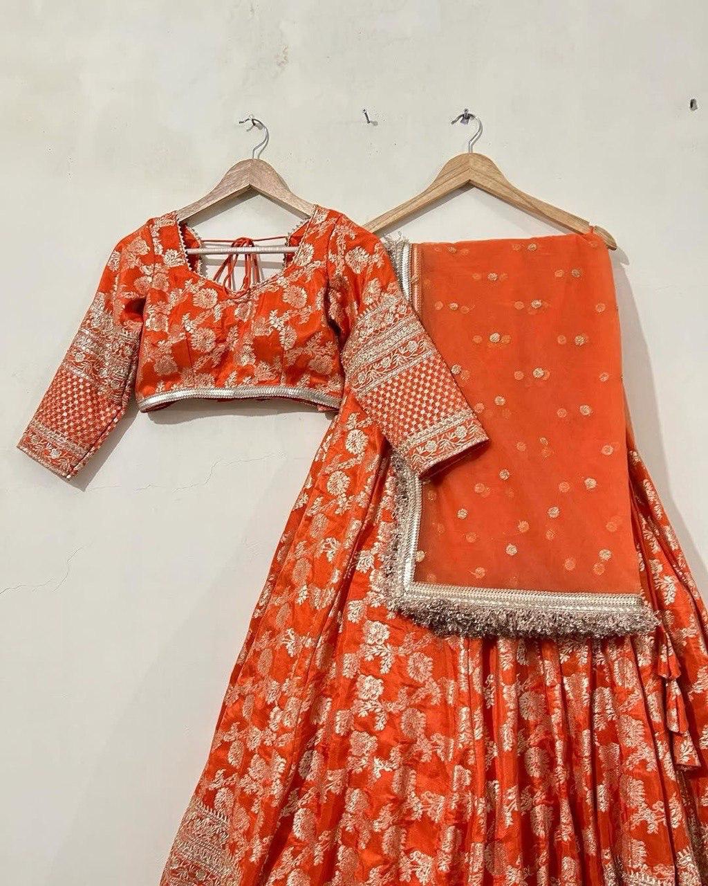 Orange Elegant Jequard Thread & Sequin Work Lehenga Set with Dupatta ClothsVilla