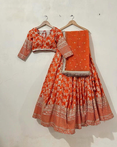 Orange Elegant Jequard Thread & Sequin Work Lehenga Set with Dupatta ClothsVilla