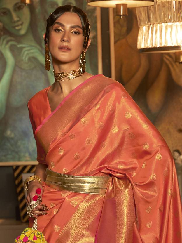 Orange Elegant Kanjivaram Kanchipuram Silk Saree Traditional Grace Secondary image