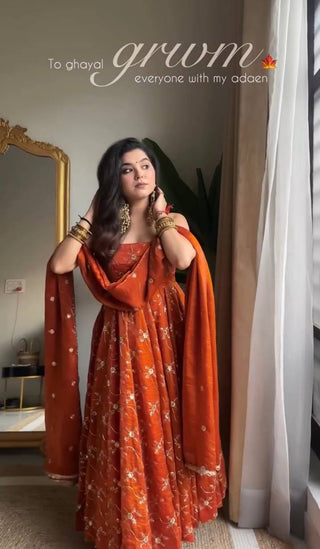 Orange Elegant KesriyaNC Silk Kali Cut Gown Set with Heavy Sequins Embroidery, Micro Fabric Pant & Matching Dupatta – Stitched Ensemble Clothsvilla