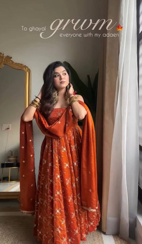 Orange Elegant KesriyaNC Silk Kali Cut Gown Set with Heavy Sequins Embroidery, Micro Fabric Pant & Matching Dupatta – Stitched Ensemble Clothsvilla