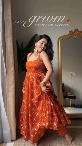 Orange Elegant KesriyaNC Silk Kali Cut Gown Set with Heavy Sequins Embroidery, Micro Fabric Pant & Matching Dupatta – Stitched Ensemble Clothsvilla