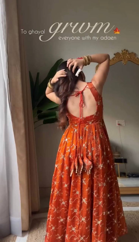 Orange Elegant KesriyaNC Silk Kali Cut Gown Set with Heavy Sequins Embroidery, Micro Fabric Pant & Matching Dupatta – Stitched Ensemble Clothsvilla