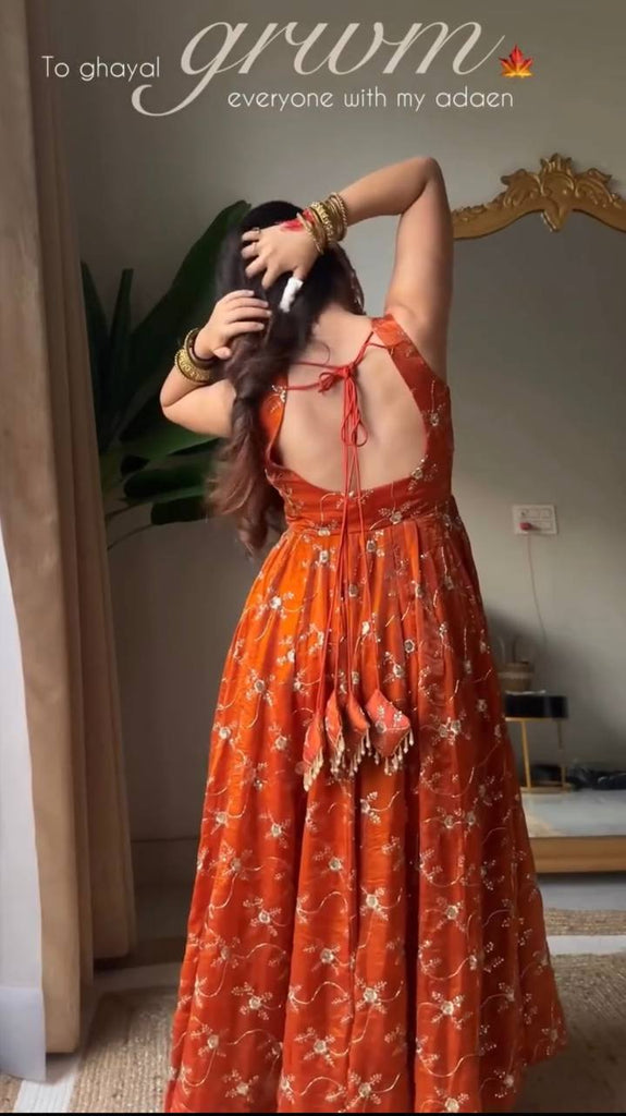 Orange Elegant KesriyaNC Silk Kali Cut Gown Set with Heavy Sequins Embroidery, Micro Fabric Pant & Matching Dupatta – Stitched Ensemble Clothsvilla