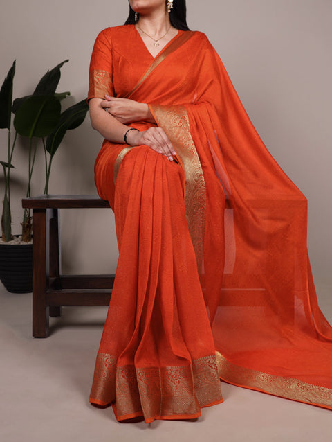 Orange Elegant Mass Mello Zari Weaving Saree with Matching Unstitched Blouse – Premium Party & Festive Wear Traditional Silk Look Saree ClothsVilla Main image