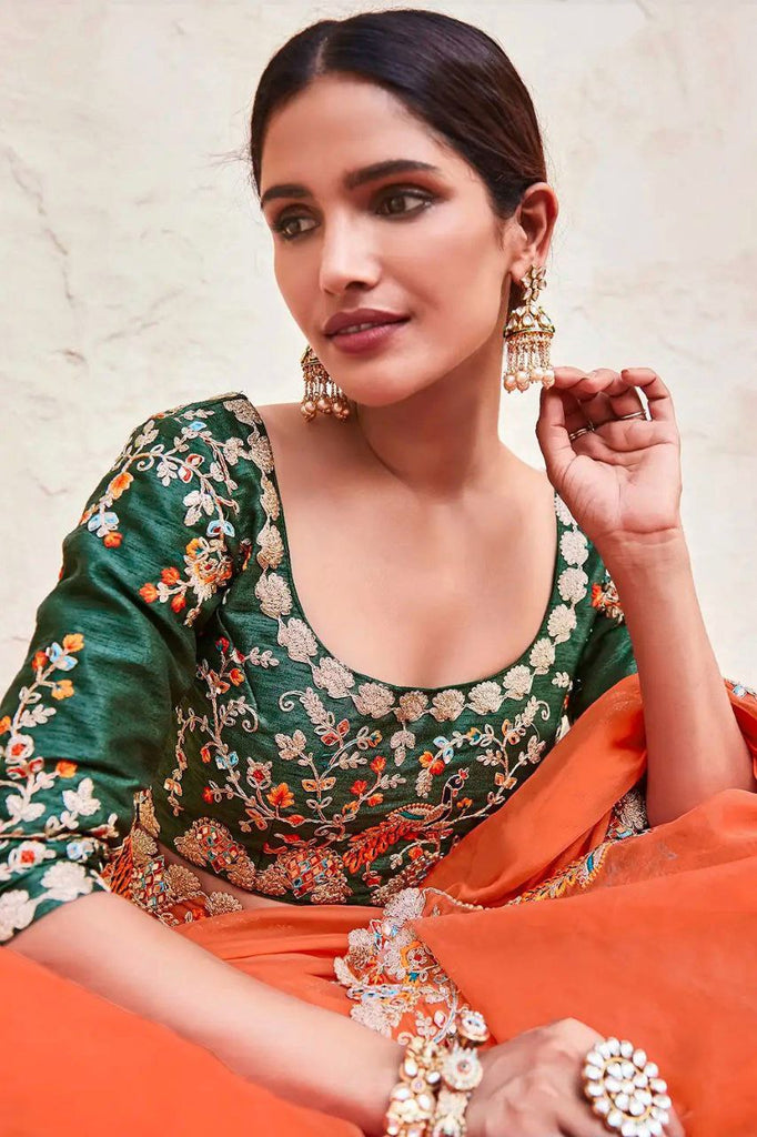 Orange Elegant Organza Saree with Zari, Dori & Real Mirror Work | Unstitched Bangalori Silk Blouse ClothsVilla