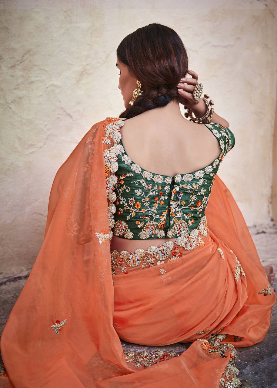 Orange Elegant Organza Saree with Zari, Dori & Real Mirror Work | Unstitched Bangalori Silk Blouse ClothsVilla