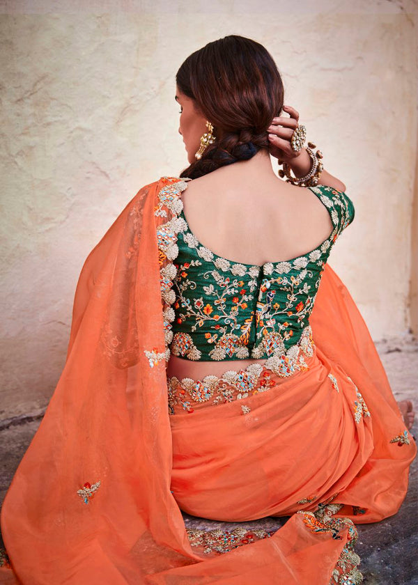 Orange Elegant Organza Saree with Zari, Dori & Real Mirror Work | Unstitched Bangalori Silk Blouse ClothsVilla