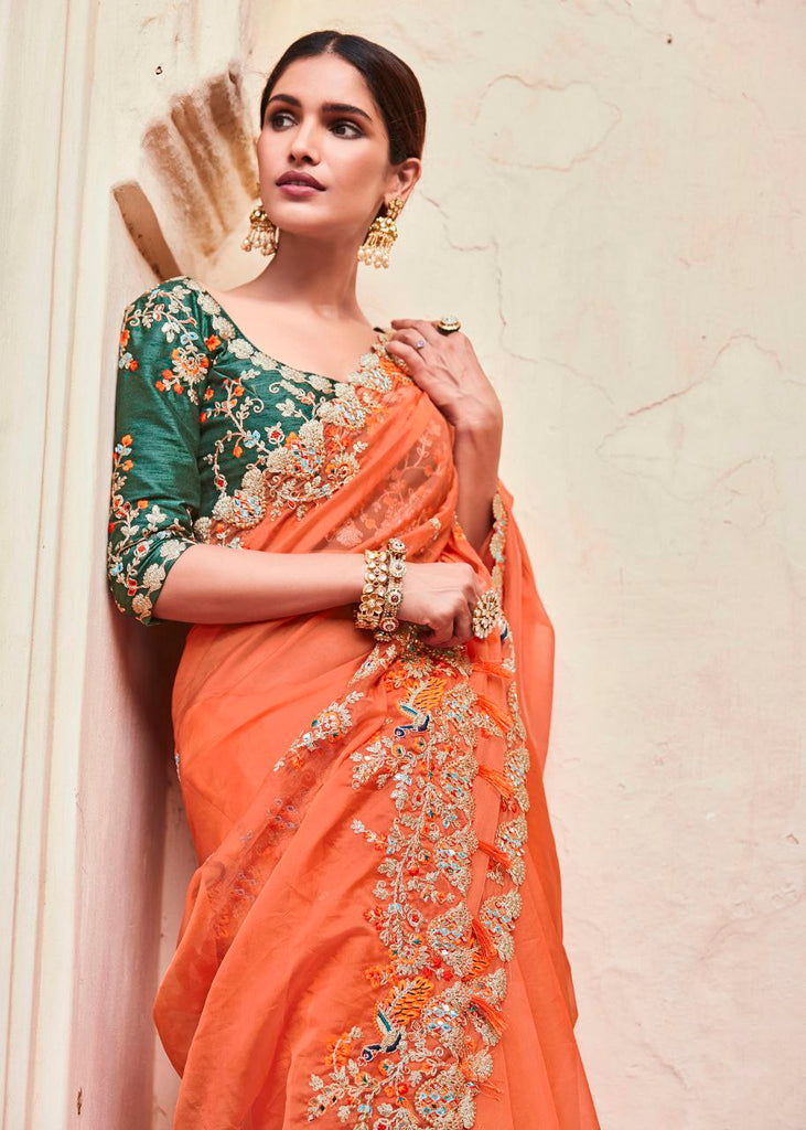 Orange Elegant Organza Saree with Zari, Dori & Real Mirror Work | Unstitched Bangalori Silk Blouse ClothsVilla