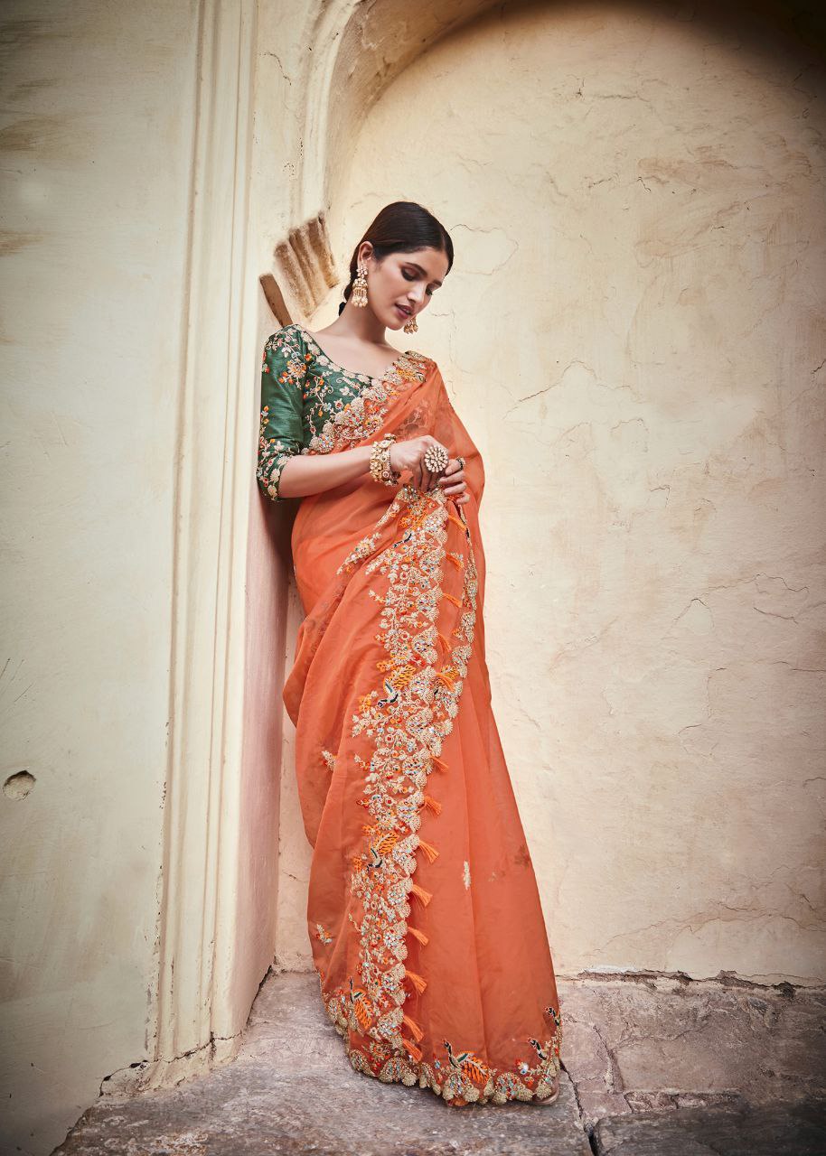 Orange Elegant Organza Saree with Zari, Dori & Real Mirror Work | Unstitched Bangalori Silk Blouse ClothsVilla