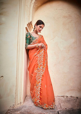 Orange Elegant Organza Saree with Zari, Dori & Real Mirror Work | Unstitched Bangalori Silk Blouse ClothsVilla