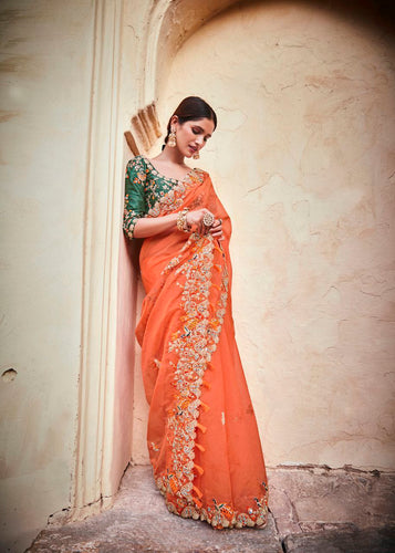 Orange Elegant Organza Saree with Zari, Dori & Real Mirror Work | Unstitched Bangalori Silk Blouse ClothsVilla