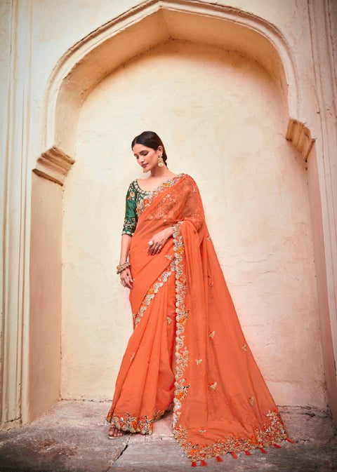Orange Elegant Organza Saree with Zari, Dori & Real Mirror Work | Unstitched Bangalori Silk Blouse ClothsVilla Main image