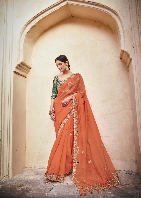 Orange Elegant Organza Saree with Zari, Dori & Real Mirror Work | Unstitched Bangalori Silk Blouse ClothsVilla