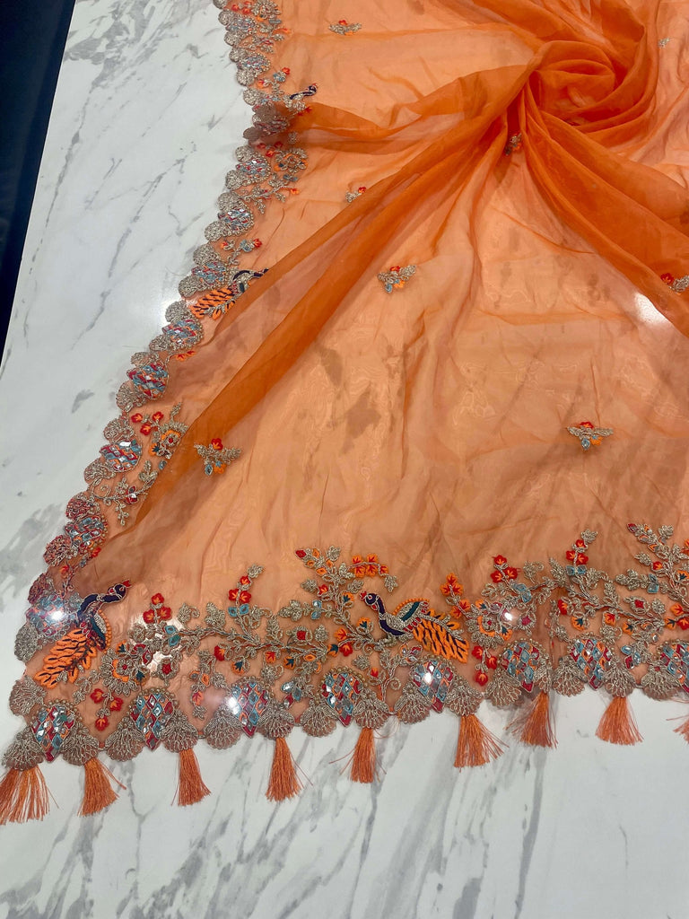 Orange Elegant Organza Saree with Zari, Dori & Real Mirror Work | Unstitched Bangalori Silk Blouse ClothsVilla