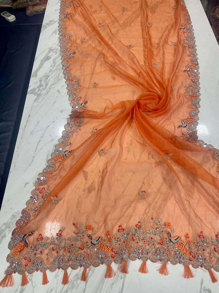 Orange Elegant Organza Saree with Zari, Dori & Real Mirror Work | Unstitched Bangalori Silk Blouse ClothsVilla