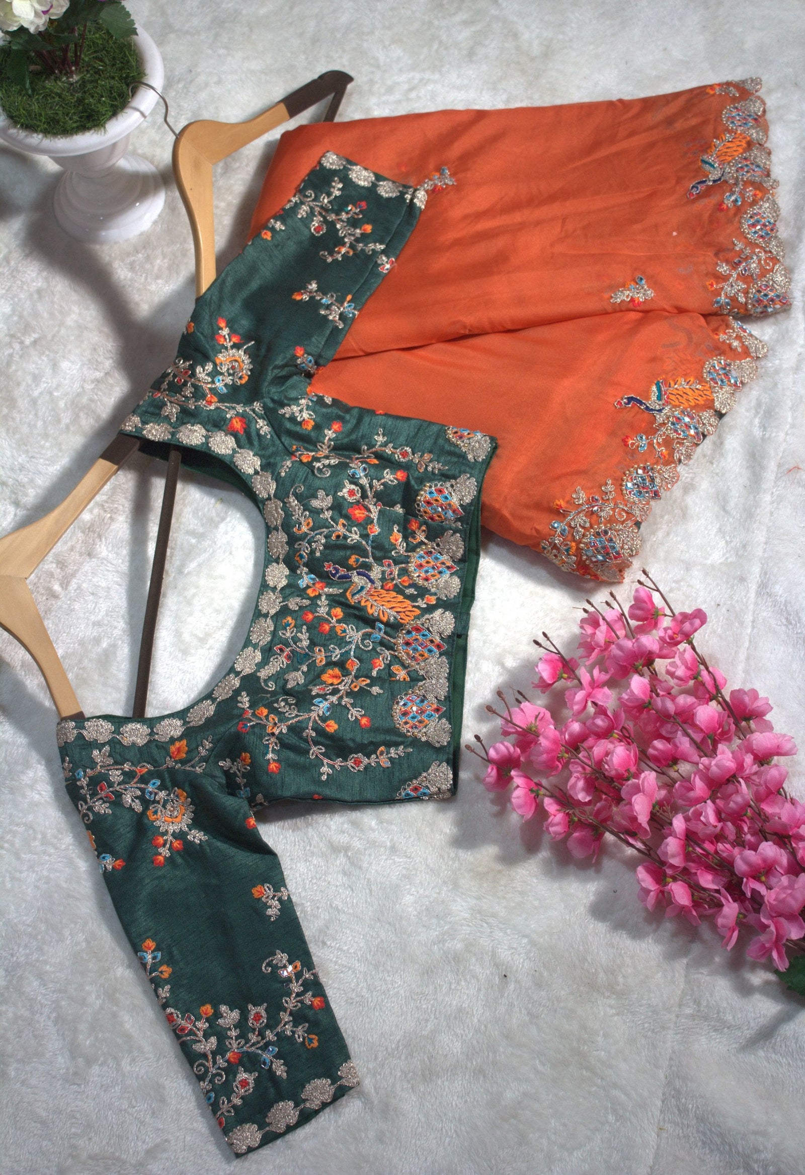Orange Elegant Organza Saree with Zari, Dori & Real Mirror Work | Unstitched Bangalori Silk Blouse ClothsVilla