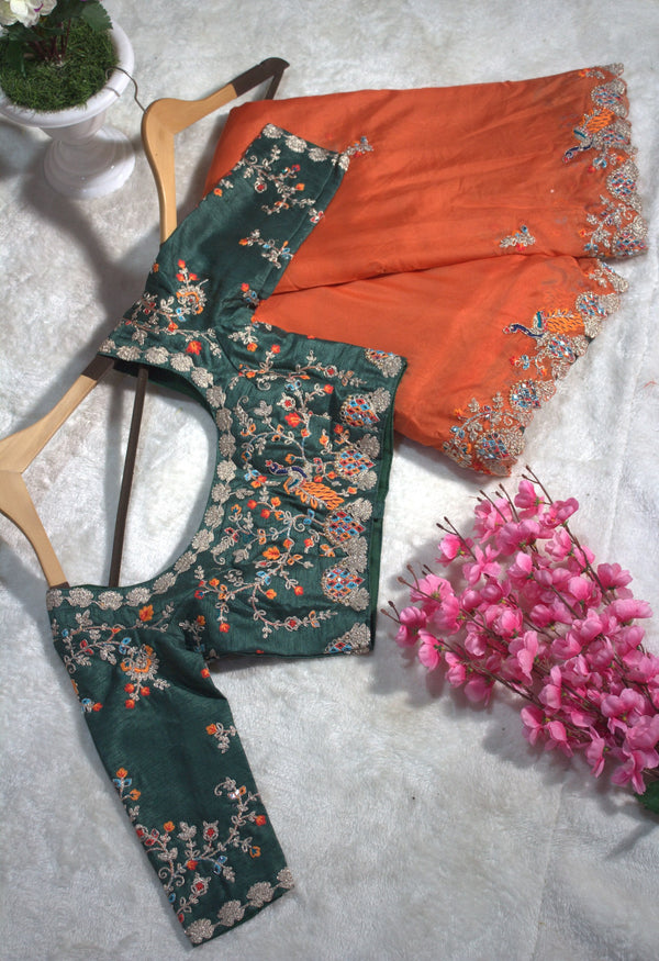 Orange Elegant Organza Saree with Zari, Dori & Real Mirror Work | Unstitched Bangalori Silk Blouse ClothsVilla