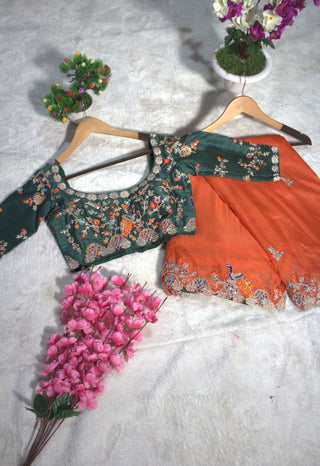 Orange Elegant Organza Saree with Zari, Dori & Real Mirror Work | Unstitched Bangalori Silk Blouse ClothsVilla